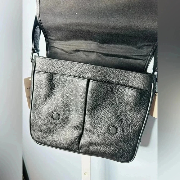 COACH NWT Thompson Crossbody Bag Jacquard  Varsity Stripe Black Leather Snap - Picture 10 of 12